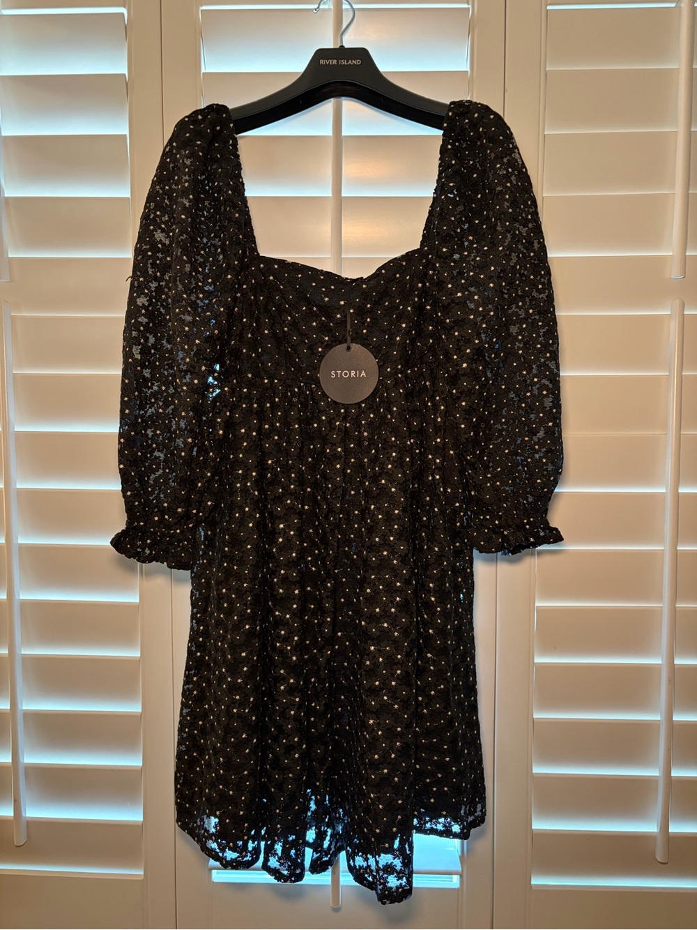 Storia Black Lace Mini Dress with Puff Sleeves